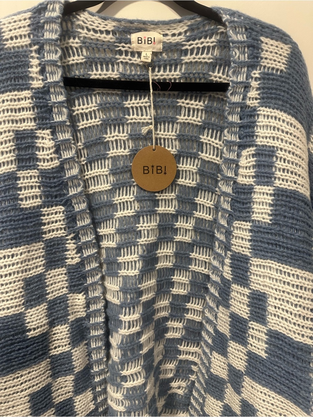 BiBi Blue and Cream Checkerboard Open-Front Cardigan Lg - Picture 4 of 5
